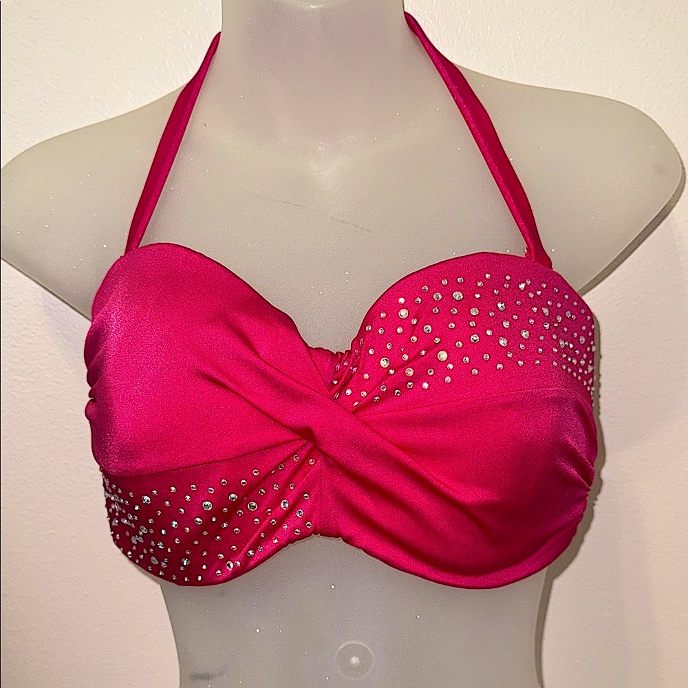 Victoria’s Secret magenta pink halter/strapless bikini top rhinestones 34DD